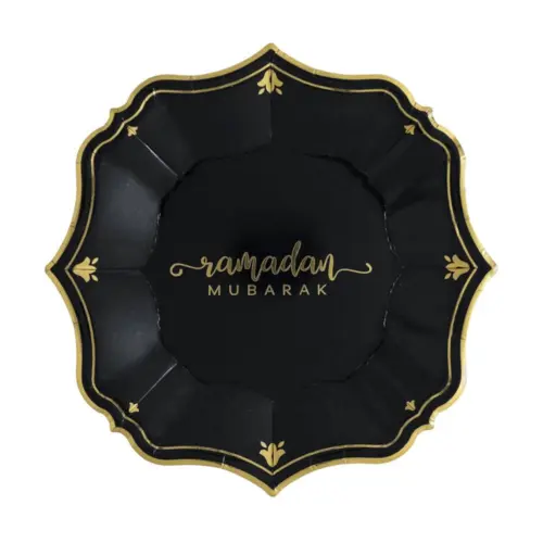 Ramadan mubarak tallerkner sort guld, 8 stk