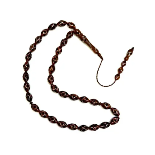 Nøddebrun håndlavet luksus tasbih med ægte sølv, 33 perler