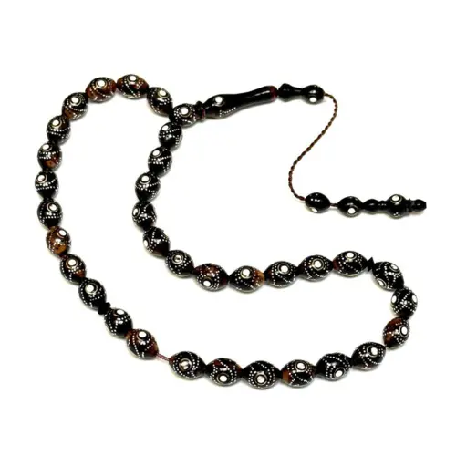Sort/brun håndlavet luksus tasbih med sølv design, 33 perler
