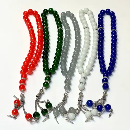 Klassisk perle tasbih med sølvdetaljer, 33 perler (7 farver)