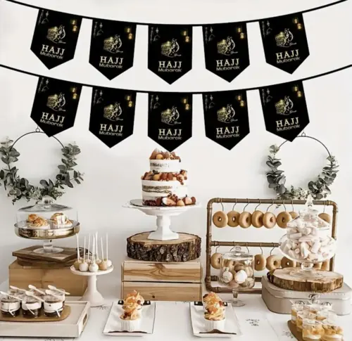 Hajj Mubarak Banner sort/guld