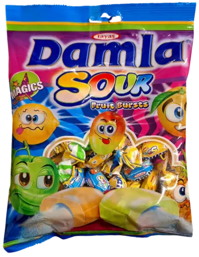 Damla Sour Fruit Bursts - Frugtkarameller med Surtpulverfyld - 250g