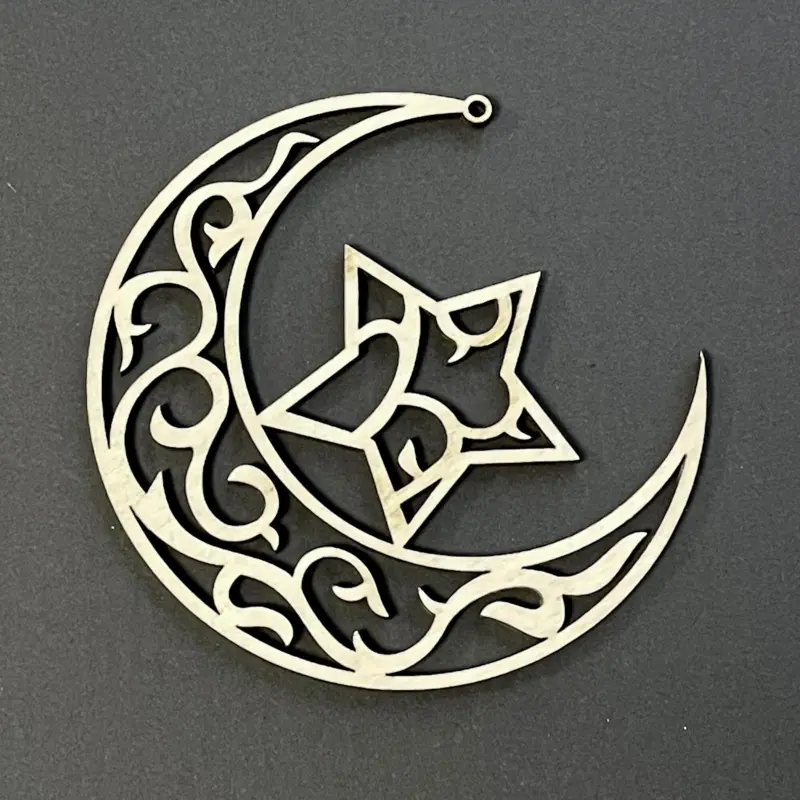Træpynt til Ramadan, måne med stjerne (håndlavet)