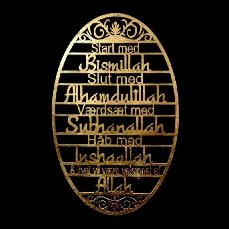 Kalligrafi på danska i guldfärg (trä)