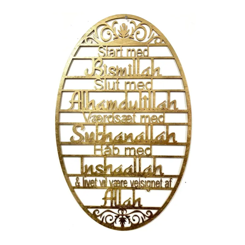 Kalligrafi på danska i guldfärg (trä)