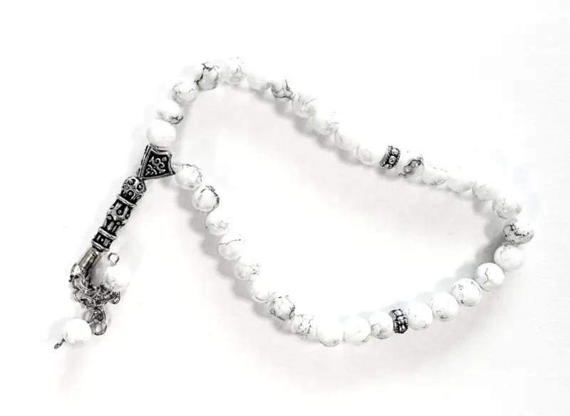 Glas Tasbih Hvid Marmor design, 33 perler