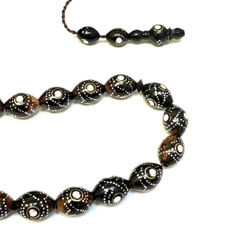 Sort/brun håndlavet luksus tasbih med sølv design, 33 perler