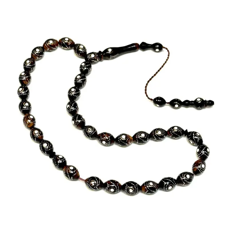Sort/brun håndlavet luksus tasbih med sølv design, 33 perler