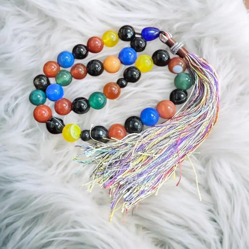 Sultan Tasbih mit verschiedenfarbigen Achatsteinen, 33 Perlen