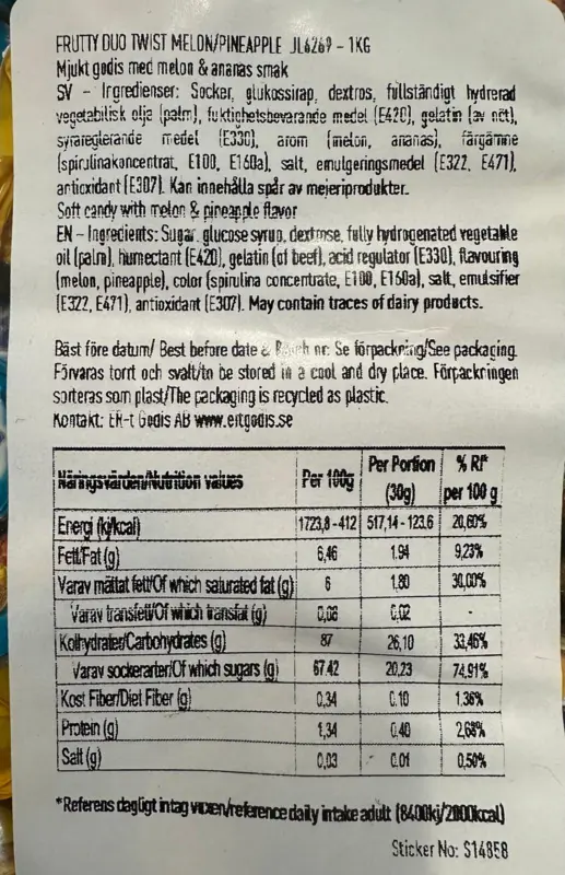 Frutty Duo Twist Karameller, Melon og Ananas, Jellioo, 1kg