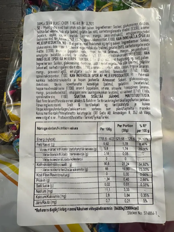 Damla Karameller, Sour Blast Chew, jellioo, 1kg
