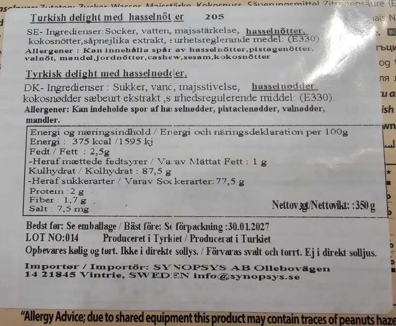 Tyrkisk Delight Med Hasselnød,350G