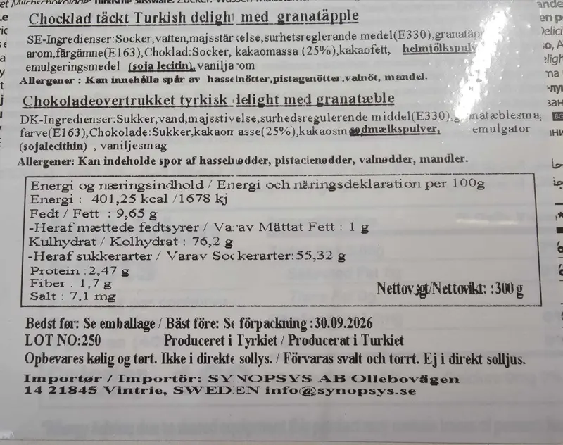 Tyrkisk Delight Granatæble smag chokoladeovertrukket 300G