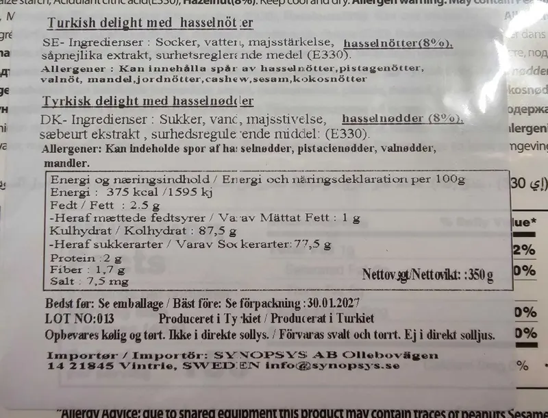 Tyrkisk Delight Lokum Med Hasselnød 350G