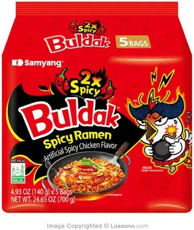 Noodles Hot Chicken Flavor Ramen 2× Spicy, Buldak, 5 Packs