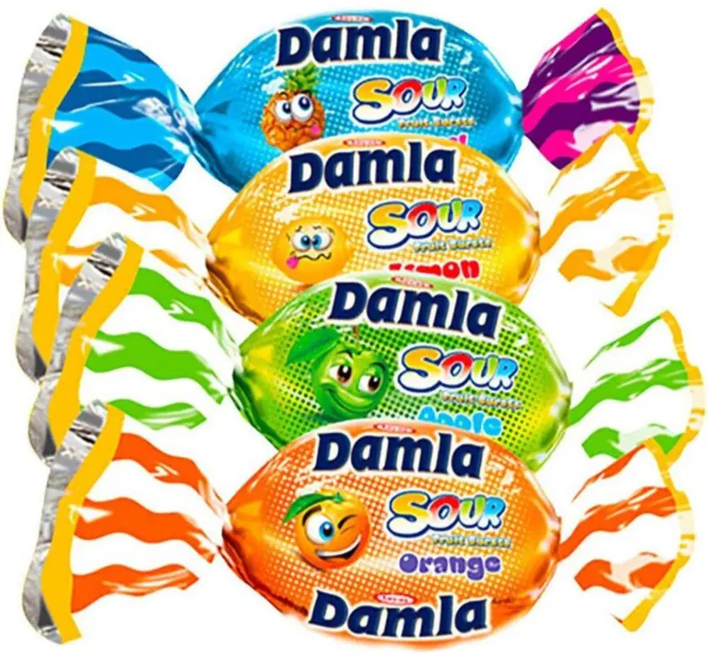 Damla Sour Fruit Bursts - Fruktkarameller med surt pulverfyllning - 250g
