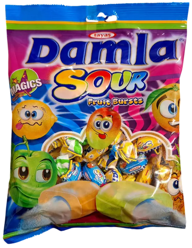 Damla Sour Fruit Bursts - Fruktkarameller med surt pulverfyllning - 250g
