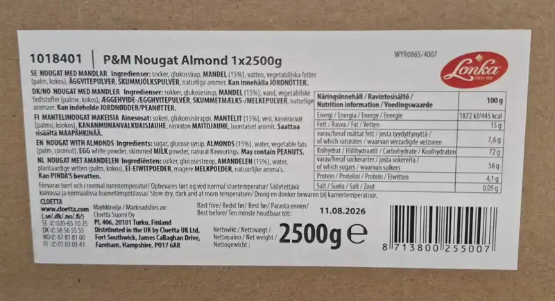 P&M Nougat Almond, Lonka 2,5KG