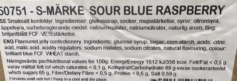 Sour Blue Raspberry, S-Mærke 500 gr