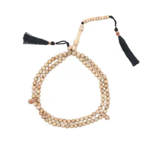 Handgefertigte Tasbih aus duftendem Sandelholz, dunkle Schnur, 99 Perlen